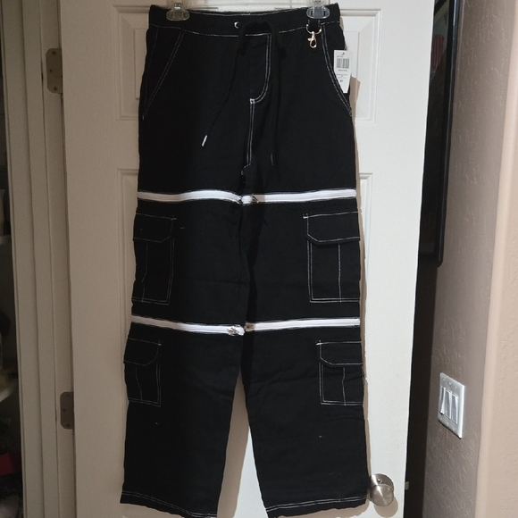 Black and White Cargo Pants with Contrast Stitching - Picture 1 of 10